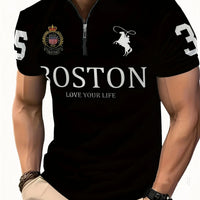 Men's 3D Digital Print Zip-Up Polo Shirt